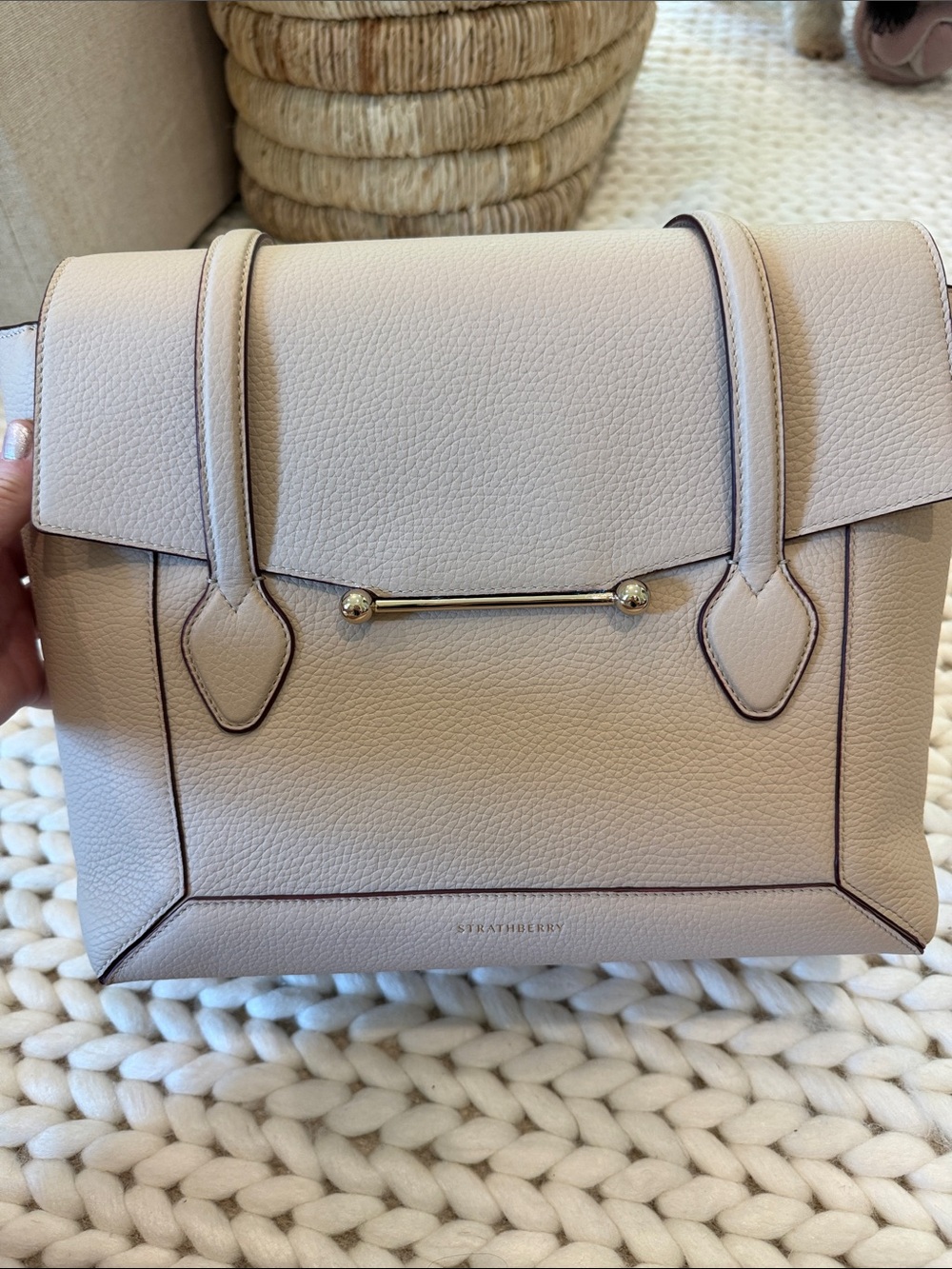 Strathberry Taupe Textured Leather Shoulder Bag with Gold Bar - Picture 2 of 9
